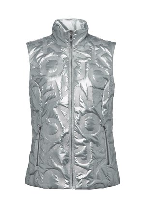 Gilet senza maniche argento con colletto alto, design trapuntato, con lettere in rilievo, chiusura con zip e due tasche laterali con zip.