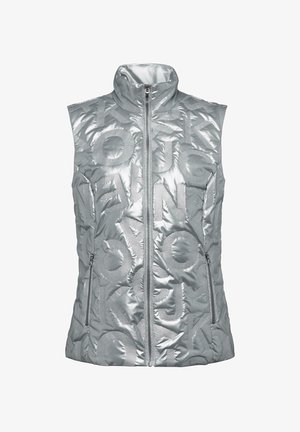 Gilet senza maniche argento con colletto alto, design trapuntato, con lettere in rilievo, chiusura con zip e due tasche laterali con zip.