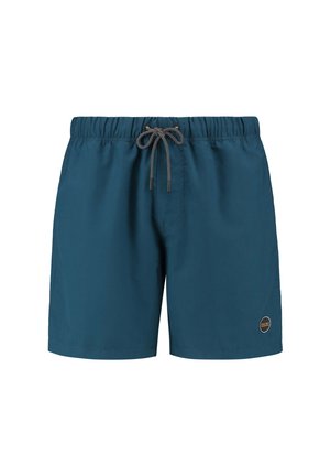 Costume de baie teal cu talie elastică, șnur de strângere, și un mic detaliu cu logo. Textură netedă, design până la genunchi.