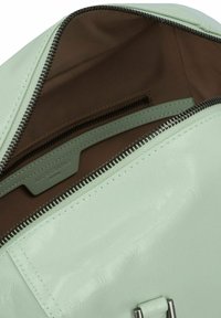 Lichtgroene faux leren tasinterieur met een gladde textuur, voorzien van een bruine stoffen voering, een binnenzak met rits en een label met tab.