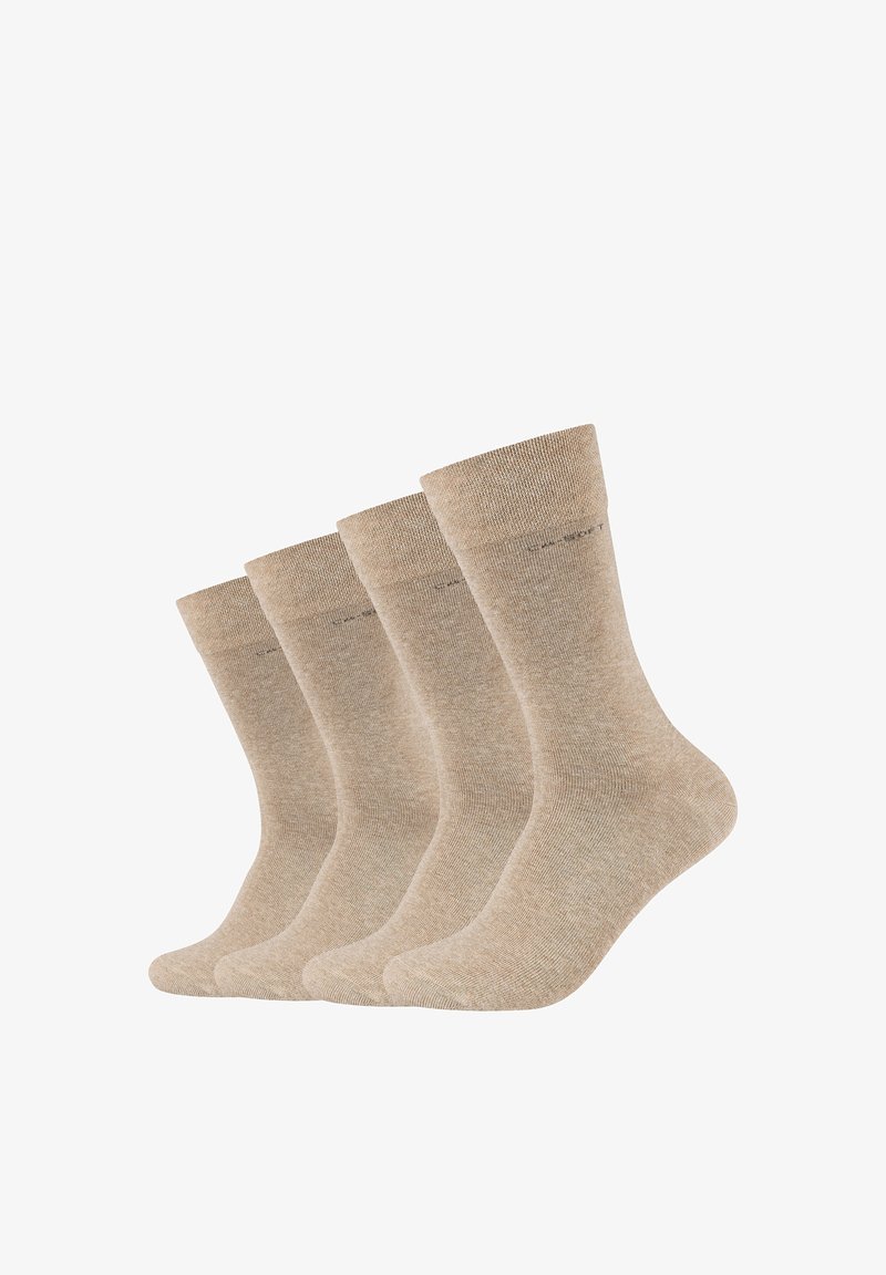 Conjunto de quatro meias de algodão bege, comprimento até a meia-cana, com um punho canelado, textura suave e design minimalista sem padrões.