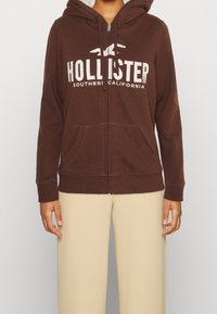 Person som bär en brun zip-up hoodie med texten "Hollister Southern California" och beige byxor, stående mot en enkel bakgrund.