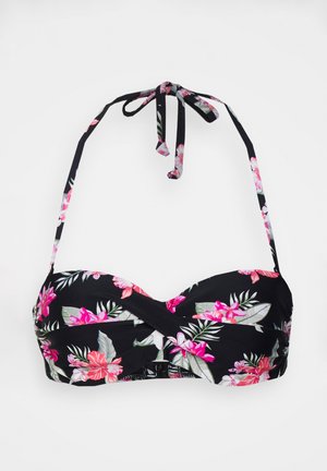 Top de bikini preto com padrões florais em tons de rosa e verde tropical, apresentando um design com laço frontal e alças ajustáveis.