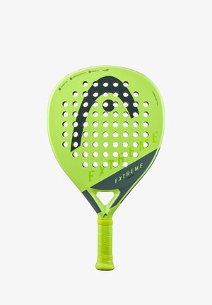Raquette verte avec surface perforée, accents noirs et texte "EXTREME". Dispose d'une prise texturée et d'une forme distinctive pour la performance.