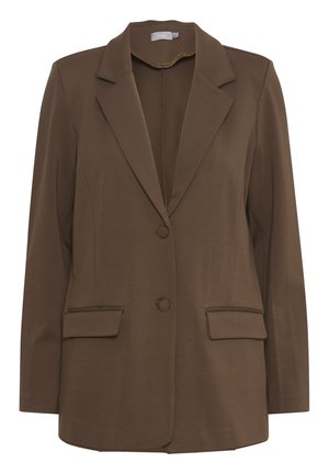 Blazer marrón hecho de una tela suave, con solapas con muesca, dos bolsillos frontales y dos botones. Diseño sencillo y elegante.