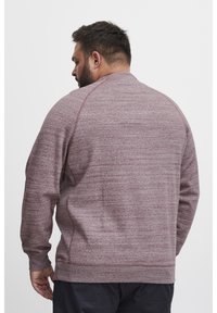 Man met kort donker haar en baard, gekleed in een lange mouwen maroon heathered sweatshirt, gezien van achteren tegen een effen witte achtergrond.