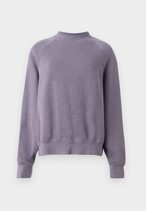 Felpa viola a maniche lunghe con collo alto, polsini a costine e tessuto strutturato, con dettagli cuciti lungo le cuciture.