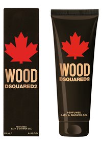 Tube noir avec texte doré portant les inscriptions "WOOD" et "DSQUARED2", avec un motif de feuille d'érable rouge ; inclus dans une boîte rectangulaire noire. 250 ml.