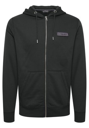 Black zip-up hoodie made of cotton blend fabric. Features a kangaroo pocket, adjustable drawstring hood, and a small logo patch on the chest.