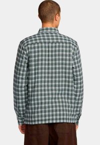 Camisa de cuadros verde y blanca con mangas largas, cuello de botón y dobladillo recto. Presenta una tela ligera con una textura suave.