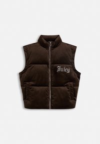 Кафяво подплатено безръкавно елече с преден цип и два джоба, с думата "Juicy" в декоративен шрифт на гърдите.