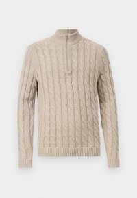 Beige kötött pulóver, fonott mintával, magas gallérral és fél cipzárral. Bordás mandzsetták és aljárész. Puha textúra, laza dizájn.