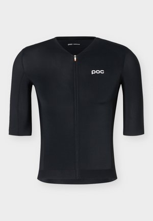 Camiseta de ciclismo negra de manga corta con cremallera frontal y logo blanco "poc" en el pecho izquierdo, talla mediana.