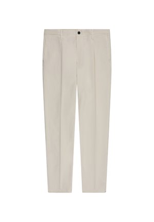 Beige maßgeschneiderte Hose mit Seitentaschen, Gürtelschlaufen, vorderem Knopf- und Reißverschluss, flach auf weißem Hintergrund präsentiert.