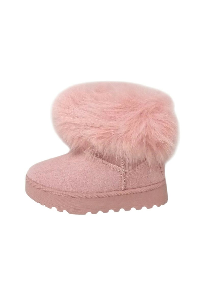 Stivaletto alla caviglia foderato in pelliccia rosa, con tomaia in tessuto morbido, suola piatta in gomma e punta arrotondata. Presenta un collare soffice per un calore extra.