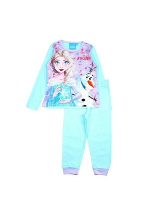 Ensemble de pyjama bleu clair composé d'un haut à manches longues avec des imprimés d'Elsa et d'Olaf ; texture douce ; pantalon bleu clair assorti avec des poignets violets.