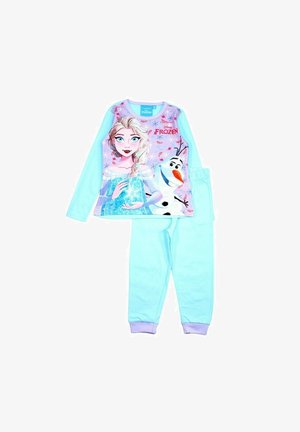 Ensemble de pyjama bleu clair composé d'un haut à manches longues avec des imprimés d'Elsa et d'Olaf ; texture douce ; pantalon bleu clair assorti avec des poignets violets.
