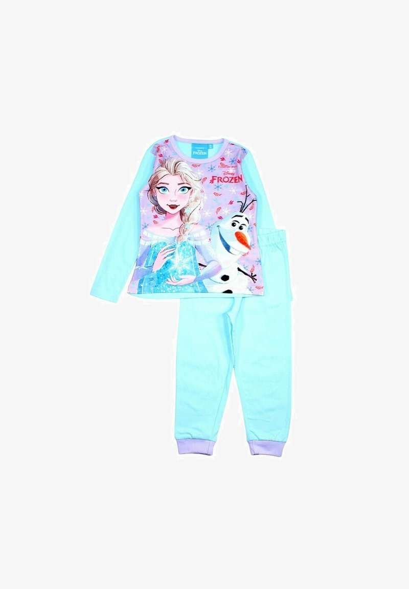 Ensemble de pyjama bleu clair composé d'un haut à manches longues avec des imprimés d'Elsa et d'Olaf ; texture douce ; pantalon bleu clair assorti avec des poignets violets.