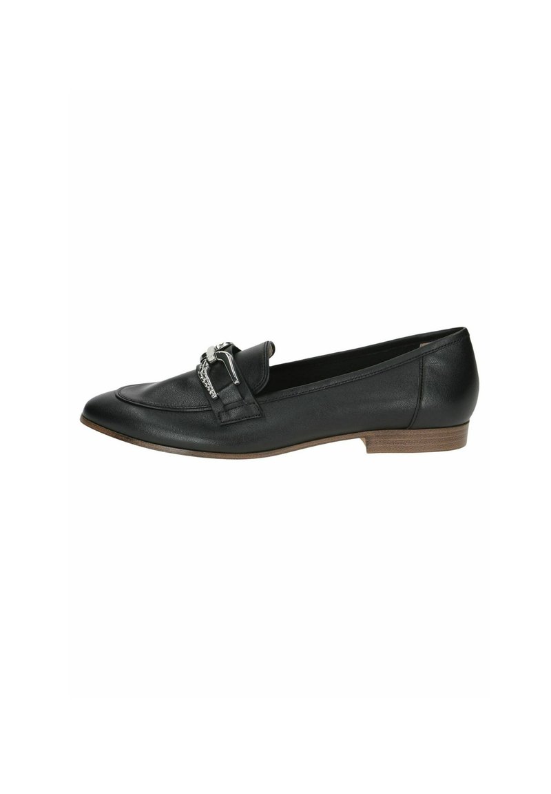 Mustad nahast loafers, millel on lame konts, dekoratiivne konksu detail ja siletekstuur, kavandatud voolava välimuse saavutamiseks.