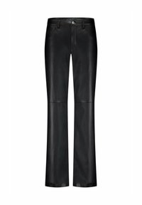 Zwarte leren pantalon met een straight-leg ontwerp. Voorzien van een knoopsluiting, voorzakken en een gladde textuur. Op hoogte van de enkel afgeknipt.