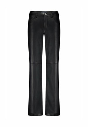 Zwarte leren pantalon met een straight-leg ontwerp. Voorzien van een knoopsluiting, voorzakken en een gladde textuur. Op hoogte van de enkel afgeknipt.