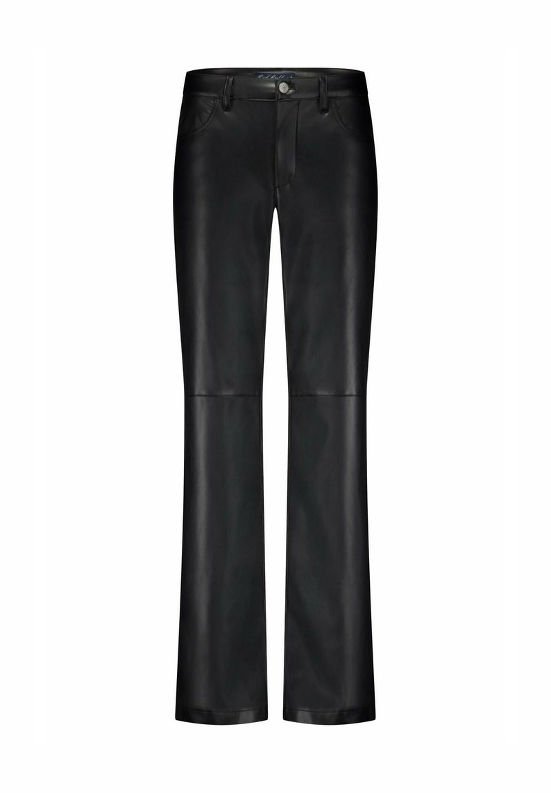 Zwarte leren pantalon met een straight-leg ontwerp. Voorzien van een knoopsluiting, voorzakken en een gladde textuur. Op hoogte van de enkel afgeknipt.