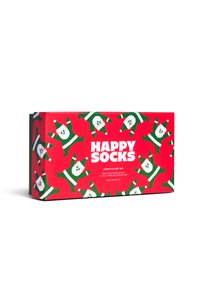 Červená dárková krabice s kreslenými designy Santy v zelené a bílé barvě, označená nápisem "HAPPY SOCKS" s jasným textem. Obsahuje tři páry kotníkových ponožek.