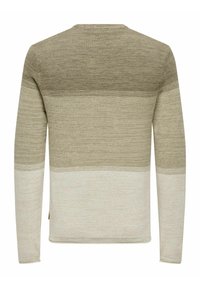 Langemouwen trui met een gestructureerde brei met horizontale strepen in tinten van beige en taupe, met een ronde hals en rechte zoom.