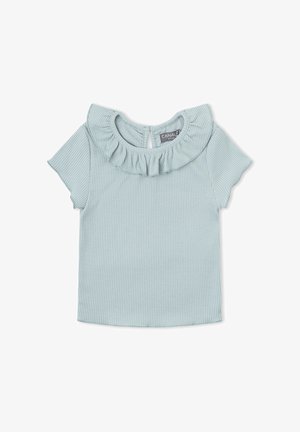 Top azul claro de manga corta acanalada con cuello con volantes y cierre de botón en forma de ojo de cerradura en la parte trasera para niños.