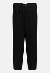 Zwarte, recht gesneden broek met een hoge taille, riemlussen, voorplooien, zijzakken en een knoopsluiting in de tailleband.