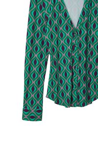 Camicia button-up realizzata in tessuto verde con un motivo a gocce di forma scura, viola e rosa. Maniche lunghe con polsini abbottonati.