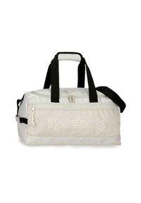 Bolsa de viaje Reebok de color gris claro con asas negras y correa para el hombro, bolsillo frontal con cremallera y compartimento principal con doble cremallera.