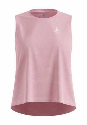 Ärmelloses, hellrosa sportliches Tanktop mit rundem Ausschnitt und kleinem weißem Logo auf der linken Brust, hinten etwas längerer Saum.