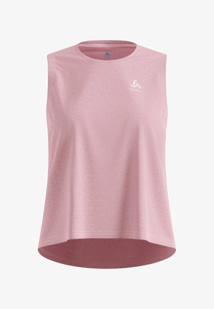 Ärmelloses, hellrosa sportliches Tanktop mit rundem Ausschnitt und kleinem weißem Logo auf der linken Brust, hinten etwas längerer Saum.