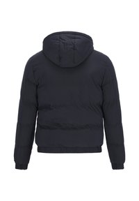 Marineblå dunjakke med hætte, der har et quiltet design, elastiske manchetter og en kort silhuet. Blød tekstur og varm isolering.