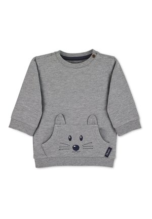Sweatshirt pour bébé à manches longues gris avec poche avant en forme de visage de chat, avec yeux, nez, moustaches brodés et oreilles en tissu.