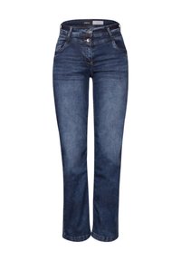 Jean en denim bleu foncé avec une coupe droite, deux poches avant, une fermeture à bouton et à glissière, et un subtil effet d'usure.