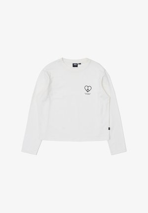 Crewneck langærmet T-shirt i off-white bomuld. Har et lille sort hjertegrafik på brystet og et sort mærke på siden.