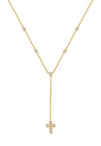 Collar de cadena de oro con un colgante en forma de cruz, acentuado con pequeñas piedras claras a lo largo de la cadena y en el colgante.