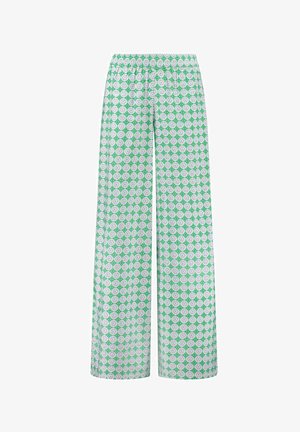 Pantaloni a gamba larga realizzati in tessuto leggero con un motivo floreale verde e bianco, caratterizzato da dettagli viola. Vita elastica per il massimo comfort.