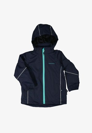 Veste imperméable bleu marine avec capuche, fermeture éclair turquoise contrastante, bandes réfléchissantes et poignets élastiques pour un ajustement sécurisé.