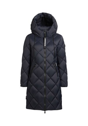 Tumedatekiline parka kõrge kaelusega, tõmblukuga ees, reguleeritava nööriga kapuuts ja kaks külge tõmbluku taskut. Sile, polsterdatud tekstuur.