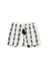 Shorts blancs avec des motifs géométriques noirs verticaux et une taille à cordon avec deux pompons noirs.