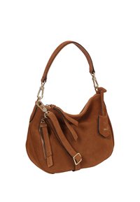 Braune Wildleder-Hobo-Tasche mit einem einzelnen Schulterriemen, Reißverschluss oben, verstellbaren seitlichen Quasten und einer kleinen Außentasche.