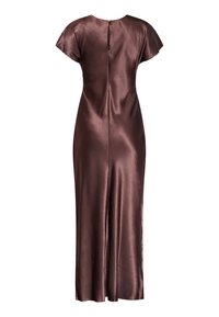 Brun midiklänning i satin med korta ärmar, dragkedja bak och slät, lätt figursydd silhuett.