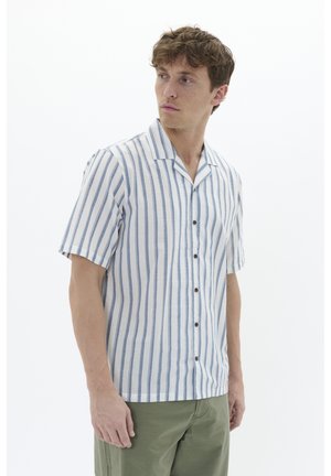 Short-sleeve button-up shirt featuring vertical blue and white stripes, lightweight fabric, a pointed collar, and brown buttons.