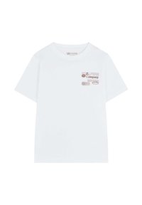 Camiseta de algodón blanca de corte relajado, con un pequeño estampado gráfico en marrón y gris en la parte izquierda del pecho. Mangas cortas, escote redondo.