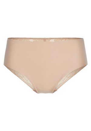 Mutande hipster beige con una parte frontale liscia simile alla seta e pizzo testurizzato sui lati, con una vita bassa.