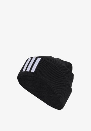 Black knit beanie featuring three white horizontal stripes on the side. Soft texture with a casual, slouchy silhouette.