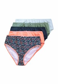 Fyra par kvinnors trosor: ett med ett mörkt mönster, tre i enfärgade nyanser (ljusgrå, olivgrön, marinblå) med dekorativa rosetter.